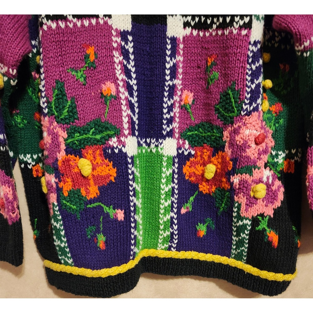 Jennifer Reed Vintage Hand Knit Floral Cardigan Pom Pom Shoulder Pads Medium - Picture 10 of 11